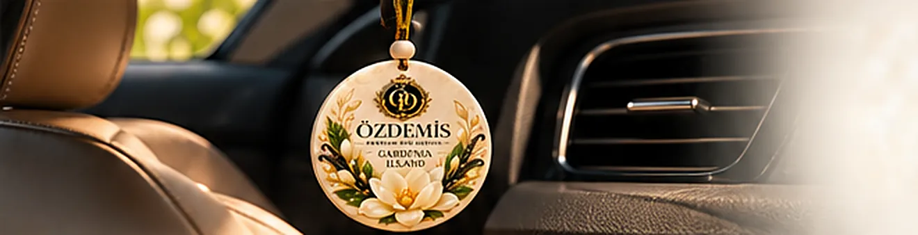 Araç içinde dikiz aynasının yanında asılı Özdemis Gardenia Island koku madalyonu, deri koltuk ve havalandırma ızgarası